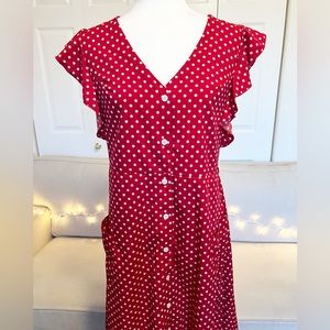 Red polka dot dress with ruffles, pockets and buttons L polyester!